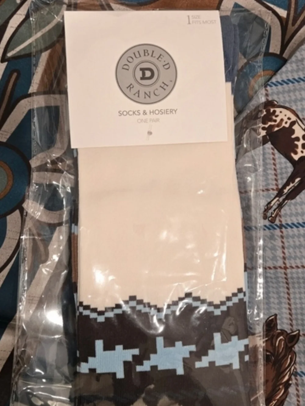Double D Ranch Blue, Cream & Brown Western Pattern Knee-High Socks